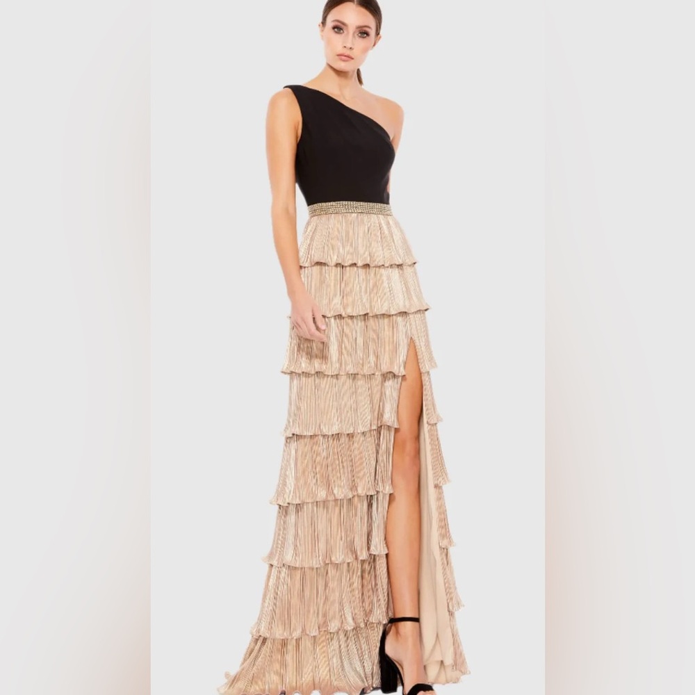 Mac Duggal One Shoulder Layered Metallic Ruffle Gown 2. Worn once